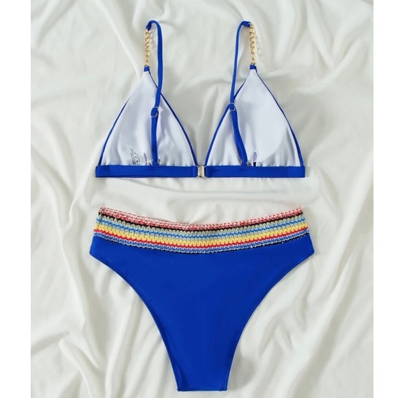 Royal Cobalt Blue Contrast Trim Triangle Bikini Chain Link Straps Size M - Picture 6 of 15